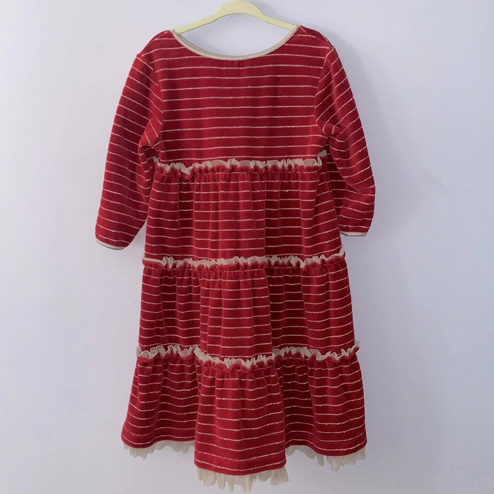 Hanna Andersson size 110 US 5 dark red velvet long sleeve silver stripes tiered
